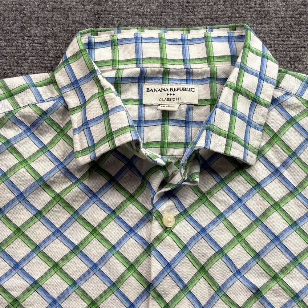Banana Republic Shirt Mens L Blue Green Check Classic Fit Preppy Office Everyday